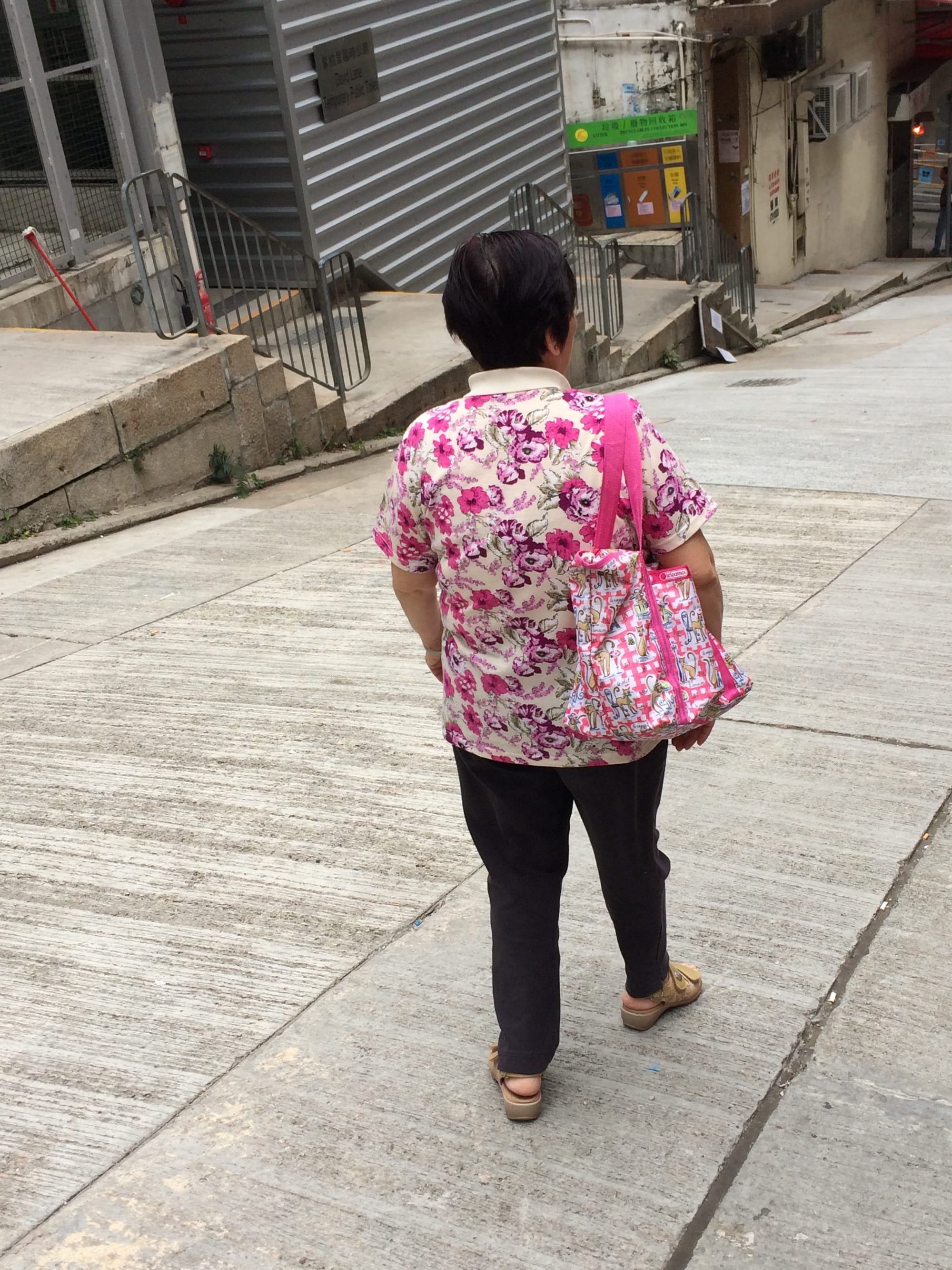 We see the back of a youngish granny in a pink floral top, black pants, and toting a pink bag.