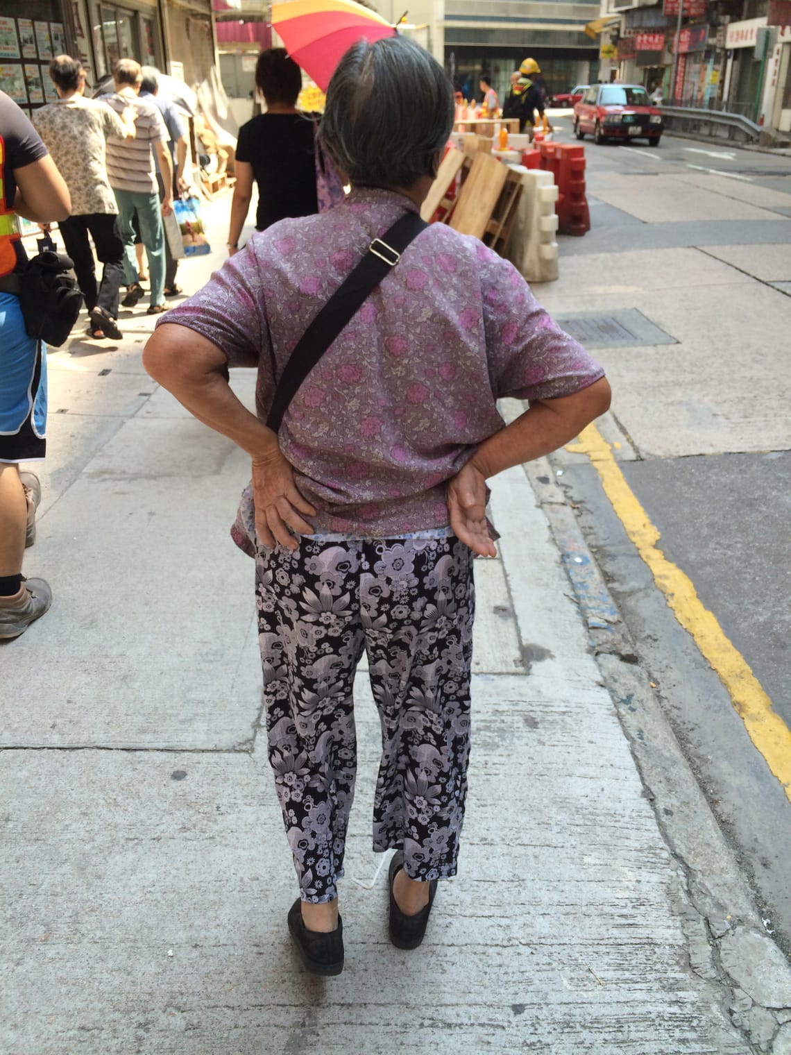 We see the back of a granny standing (arms akimbo) in a pink floral top and clashing,patterned pants. 