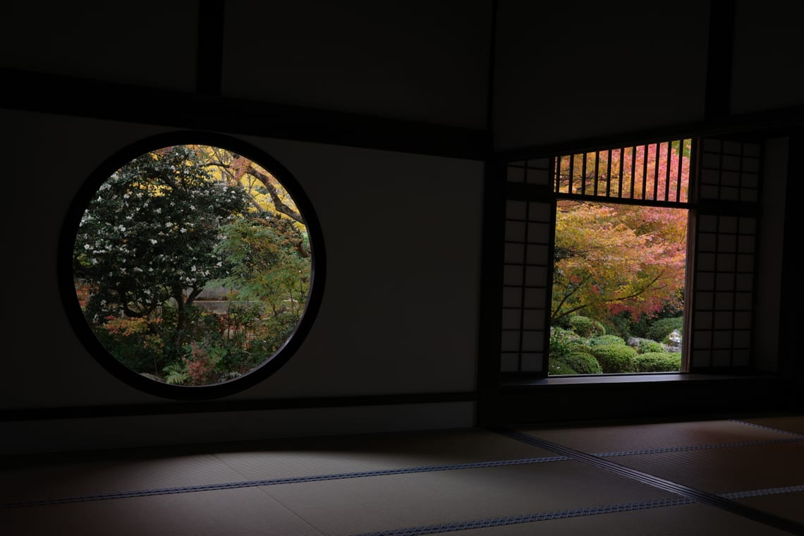 Two large windows looking out onto a garden—one round and one rectangular