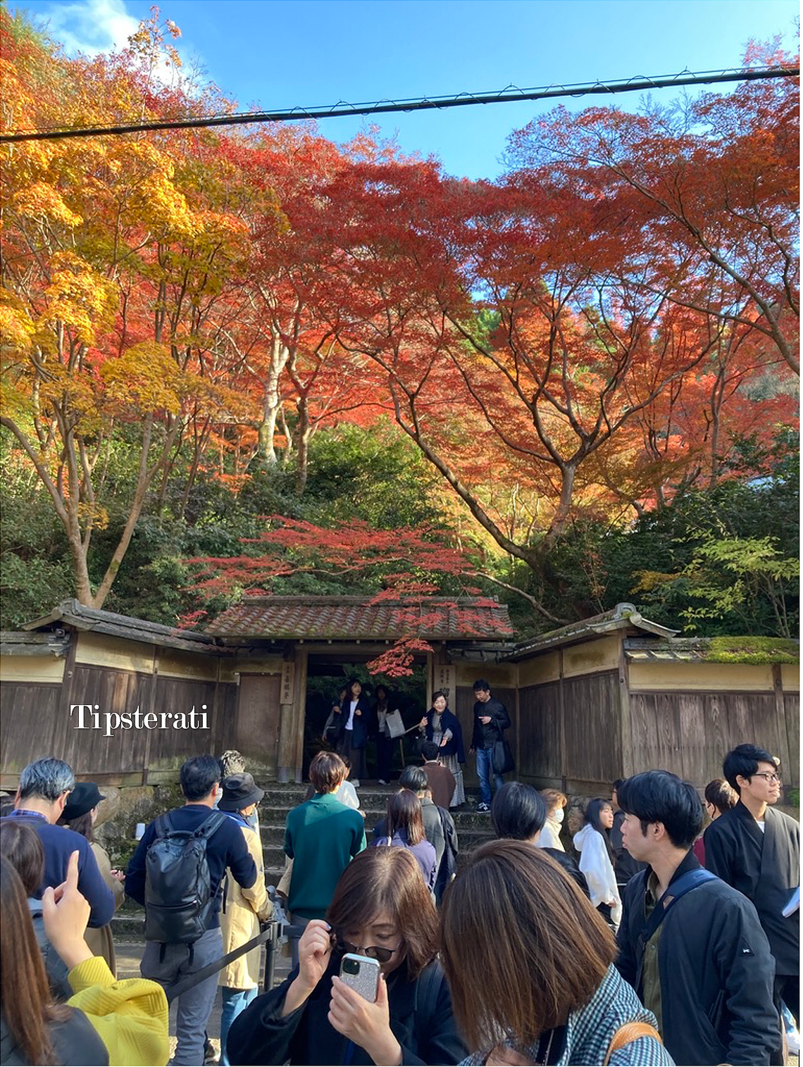 Visitors wait before some steps to enter temple grounds. Trees in brilliant reds and yellows are in the background.